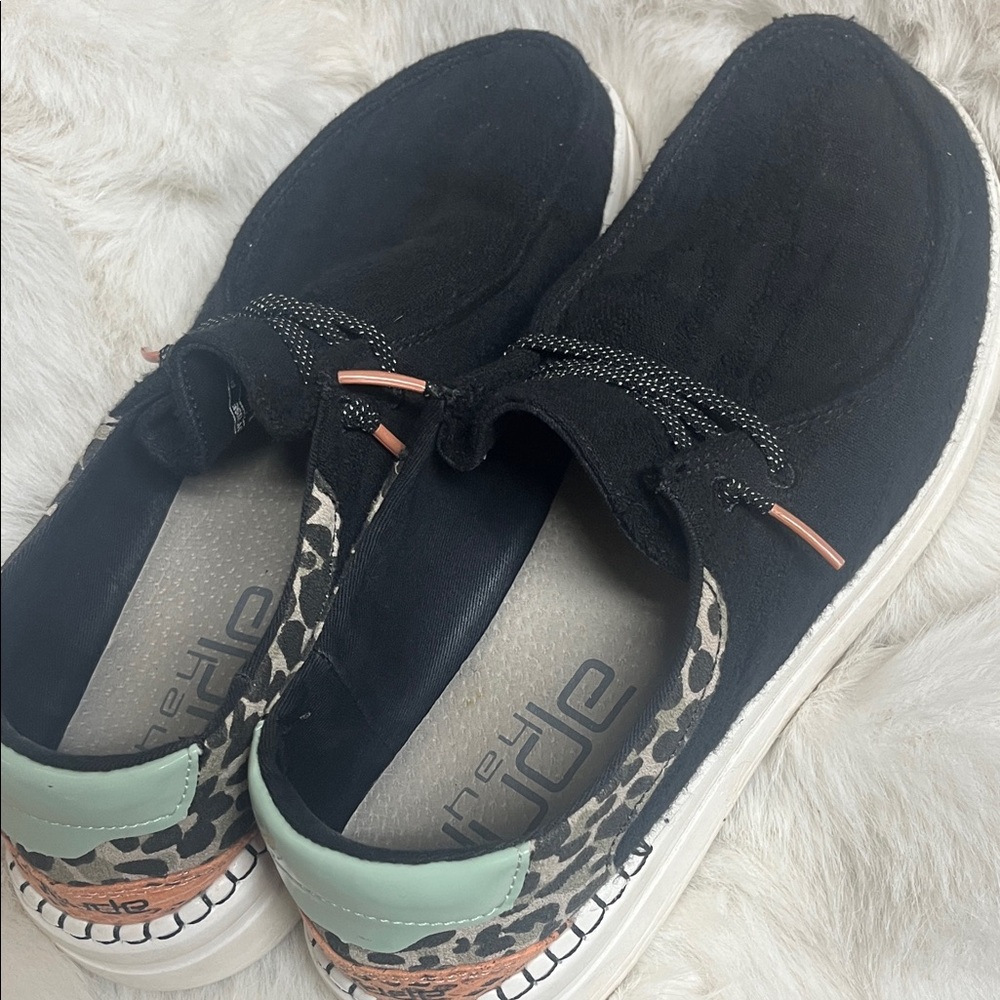 Hey Dude Black Slip-On Sneakers with Leopard and Mint Accents - Picture 2 of 6